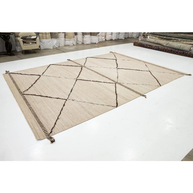 10 X 15 Modern Handmade Moroccan Style Wool Rug in Beige With Tribal Design For Sale - Image 4 of 9