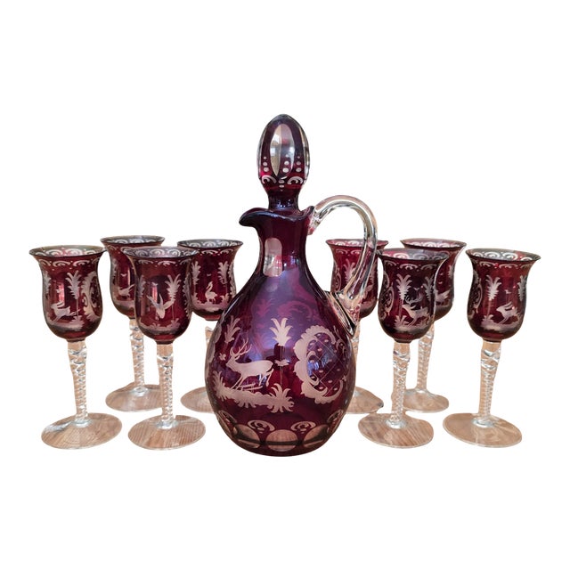 Early 20th Century Czech Decanter With 8 Glasses For Sale