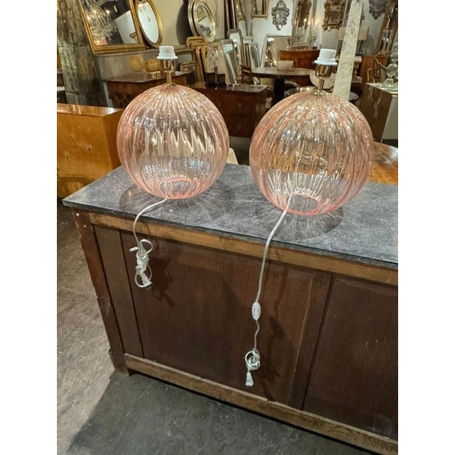 Pink Pair of Large Scale Pink Murano Globe Lamps For Sale - Image 8 of 8