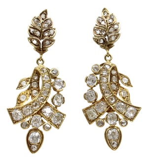 Early Victorian 18k Gold Diamond Earrings With Leaf and Ribbon Motif With 6 Carats