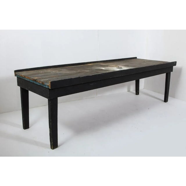 20th Century American Primitive Rustic Black Painted Oak Work Table For Sale - Image 4 of 12