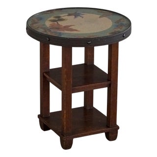 Vintage Danish Round Side Table with Floral Glass Top, 1920s For Sale