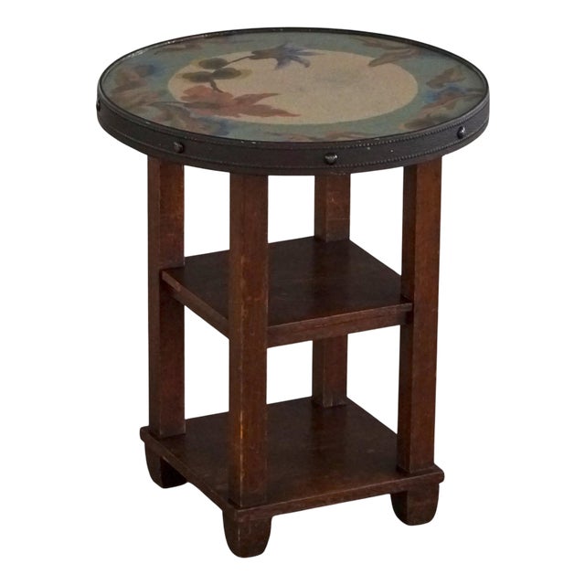 Vintage Danish Round Side Table with Floral Glass Top, 1920s For Sale