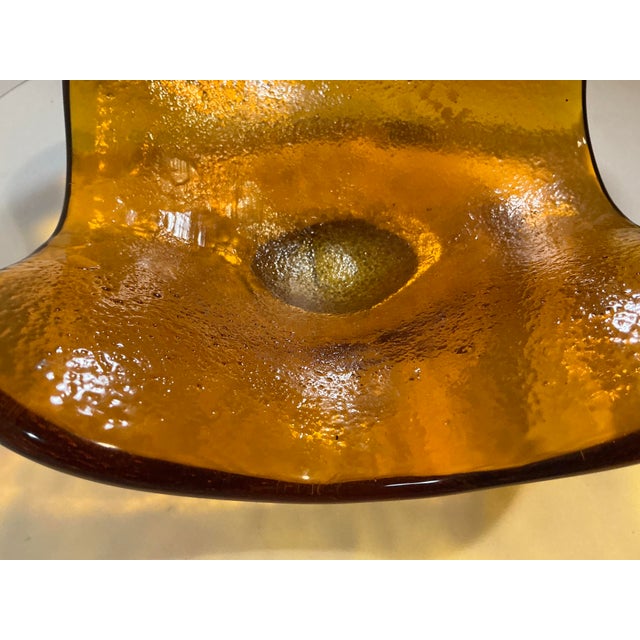 Mid-Century Blenko Wayne Husted Amber Freeform “Amoeba” Art Glass Bowl Sandblasted Makers Mark For Sale - Image 11 of 12