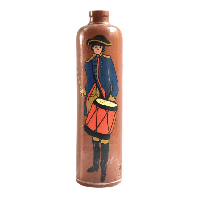 Antique Brown Stoneware Gin Bottle With Painted Revolutionary Soldier For Sale