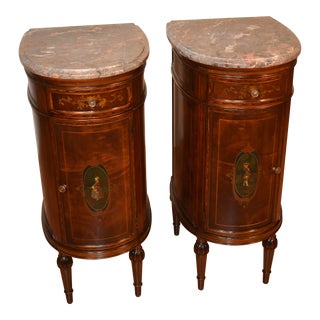1900 Antique French Louis XVI Burl Walnut Marble Top Nightstands Bedside Tables For Sale