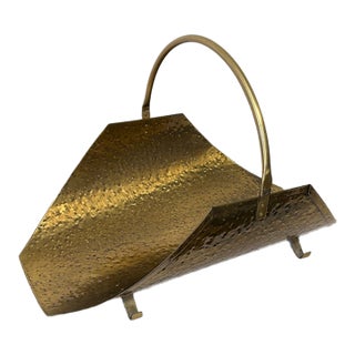 Vintage Mid-Century Hammered Solid Brass Fireplace Log Holder – Large 25.5” Hearth Basket For Sale