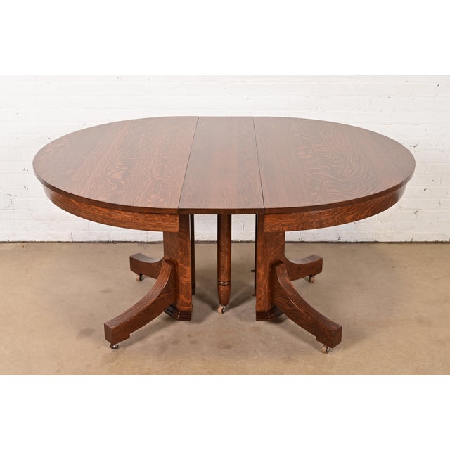 Brown Stickley Brothers Style Antique Mission Oak Arts & Crafts Pedestal Extension Dining Table, Newly Refinished For Sale - Image 8 of 13