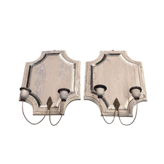 French Country Pair of Vintage French Country Distressed Wooden Wall Sconces For Sale - Image 3 of 12