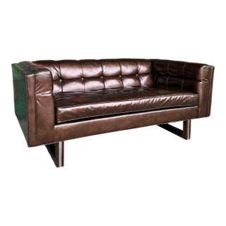 Midcentury Modern Tufted Brown Metallic Vinyl Loveseat For Sale