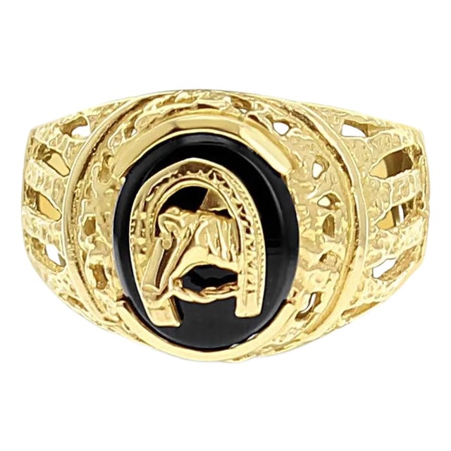 Horseshoe with Horse Head Onyx Ring 14k Yellow Gold, Size 11 For Sale
