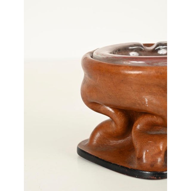 Glass Sculptural Curved Leather and Crystal Ashtray by Jacques Adnet, Italy, 1950s For Sale - Image 7 of 13