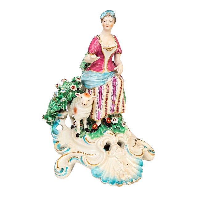 Antique Chelsea-Derby Style Porcelain Shepherdess With Lamb, Incised N Mark For Sale