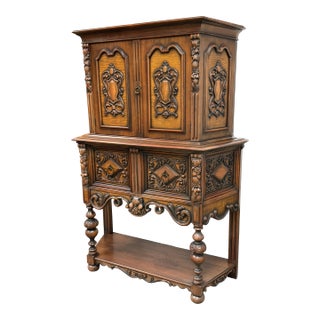 Empire Manufacturing Company Tudor Revival Walnut Highboard Cabinet, Circa 1920's For Sale