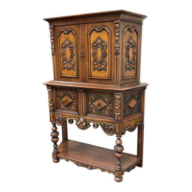 Empire Manufacturing Company Tudor Revival Walnut Highboard Cabinet, Circa 1920's For Sale