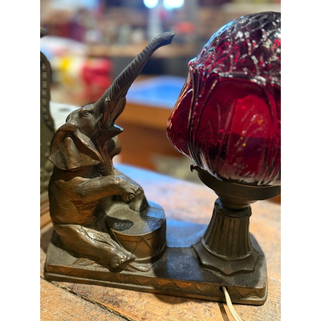 1930s Gibraltar Art Deco Spelter Elephant Table Lamp With Ruby Red Glass Shade For Sale - Image 12 of 13