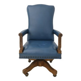 Rom Weber Viking Oak Blue Leather Desk Office Chair For Sale