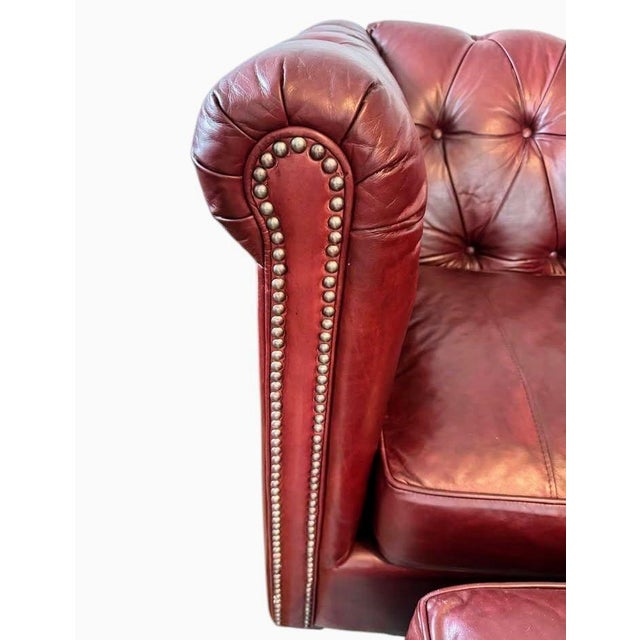 Vintage Chesterfield "Man and a Half" Leather Chair and Matching Ottoman, Meticulously Handcrafted by Distinction Furniture of North Carolina. For Sale - Image 9 of 9