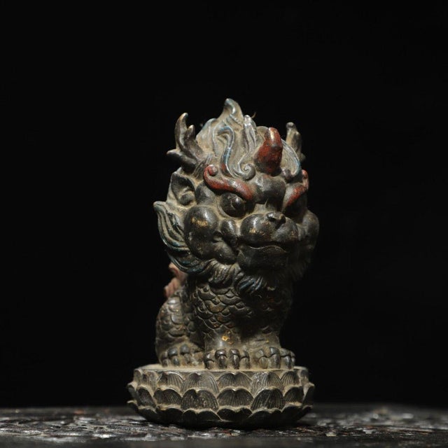 Bronze Vintage Gilt Bronze Qilin Sculpture Mythical Beast Figure on Lotus Base For Sale - Image 8 of 9