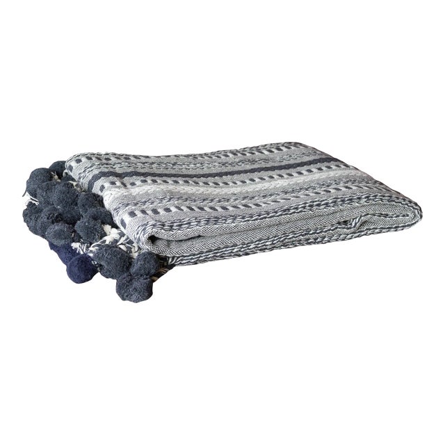 Navy Hand-Loomed Cotton Pom-Pom Throw For Sale