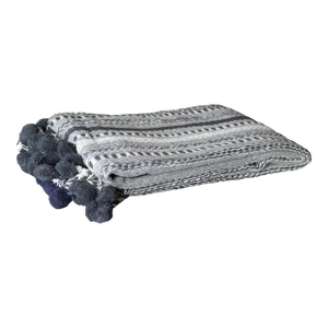 Navy Hand-Loomed Cotton Pom-Pom Throw