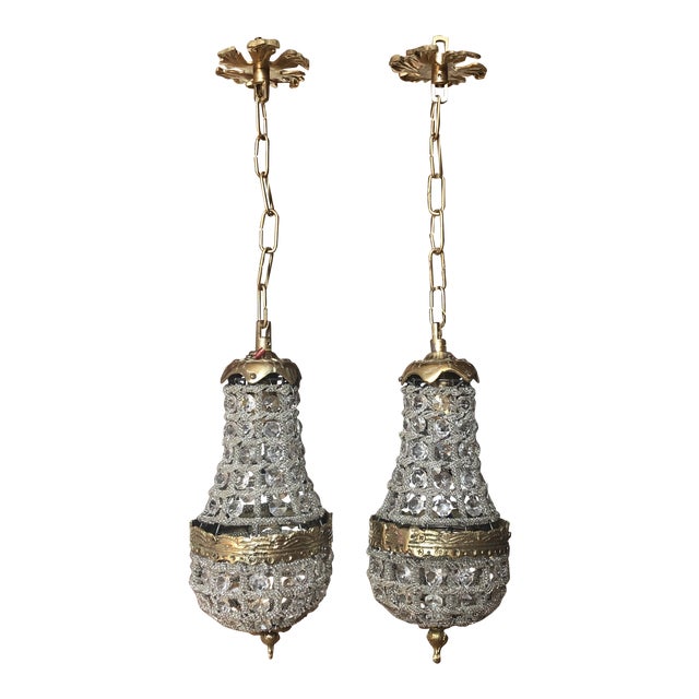 Vintage Crystal and Brass Pendant Chandeliers For Sale