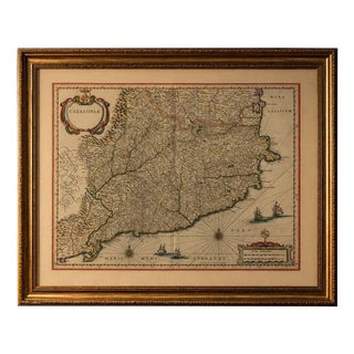 Catalonia Map with Barcelona and Mediterranean Coast from Blaeu, 1642 For Sale