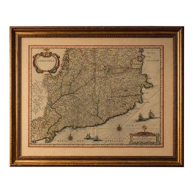 Catalonia Map with Barcelona and Mediterranean Coast from Blaeu, 1642 For Sale