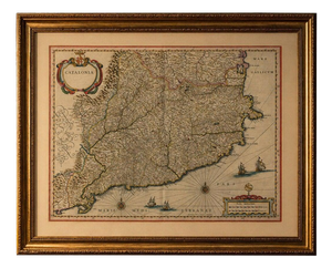 Catalonia Map with Barcelona and Mediterranean Coast from Blaeu, 1642