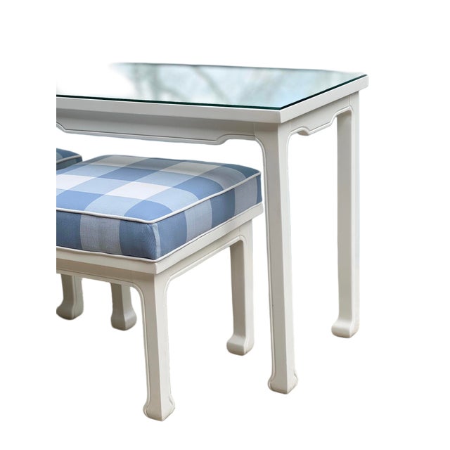 Lacquered (NOT spray painted) reflective, glossy white three piece vintage set including lattice/glass top sofa table with...