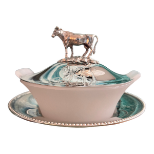 Antique Victorian Silverplate Butter Dish With Cow Finial and Milkglass Bowl