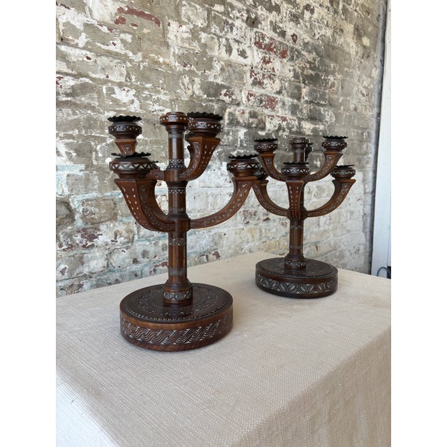 Bauhaus Antique Eastlake Carved Wood Candelabras – Pair For Sale - Image 3 of 9