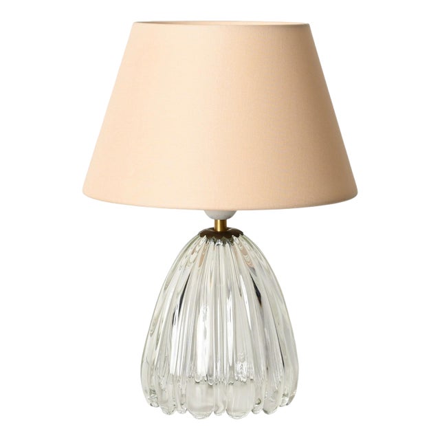 Murano Ribbed Glass and Brass Table Lamp with Pink Lampshade by Barovier, Italy, 1950s For Sale