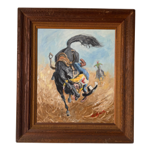 1970’s R. Horwitz Impressionist Cowboy and Horse Oil on Masonite Painting in Wood Frame