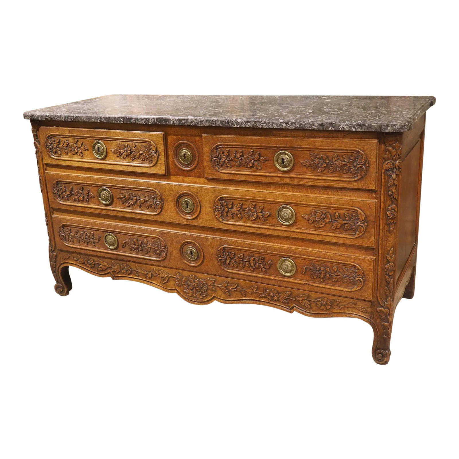 Antique 5-Foot Long French Commode in Sculpted Oak, Original Marble Top ...