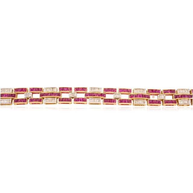 Contemporary Greek Inspired Channel Set Ruby Diamond Vintage Link Bracelet in 14k Gold For Sale - Image 3 of 14