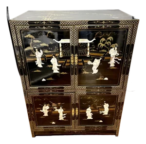 Chinese Black Lacquer and Mother of Pearl Hand Painted Cabinet Chinoiserie