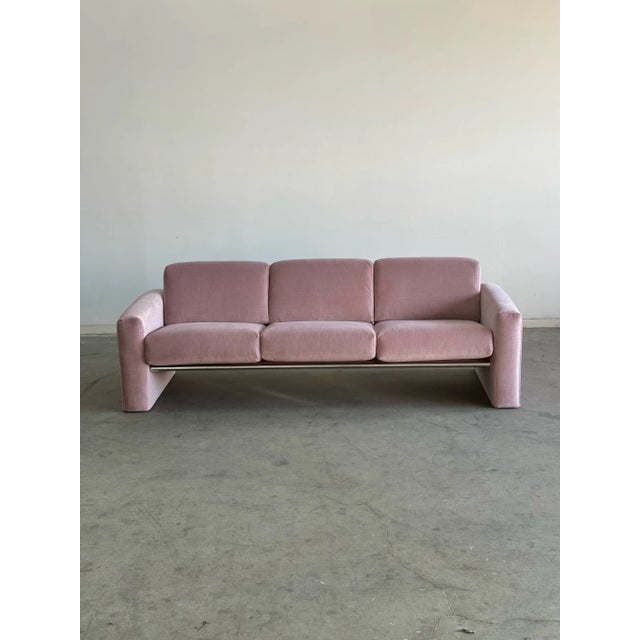 W86 D34 H27 SW73 SD19.5 SH18.5 AH21 Chunky Post Modern Sofa in fully restored condition. Unit features a great minimal...