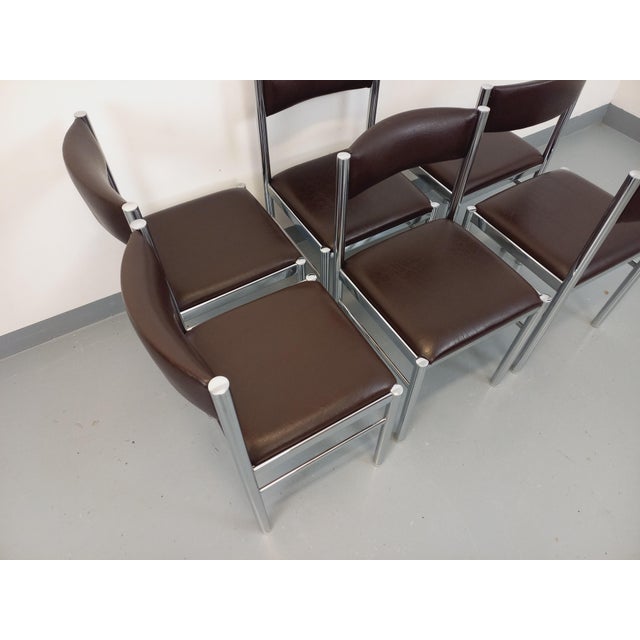 Metal Vintage Chairs in Chromed Metal and Brown Imitation Leather, 1970s, Set of 6 For Sale - Image 7 of 18