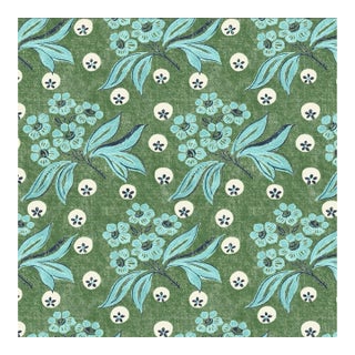 1 Yard of Blue and Green Floral Fabric Leah O'Connell Textiles 'Harriet' in Cricket For Sale