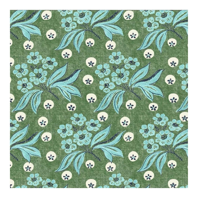 1 Yard of Blue and Green Floral Fabric Leah O'Connell Textiles 'Harriet' in Cricket For Sale