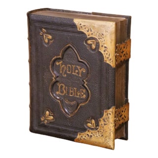 19th Century English Leather Bound Holy Bible With Brass Mounts and Clasps For Sale