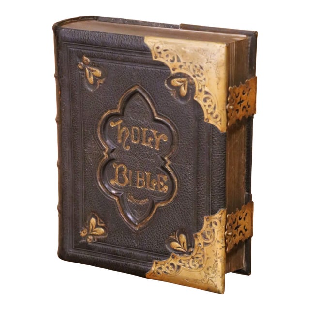 19th Century English Leather Bound Holy Bible With Brass Mounts and Clasps For Sale