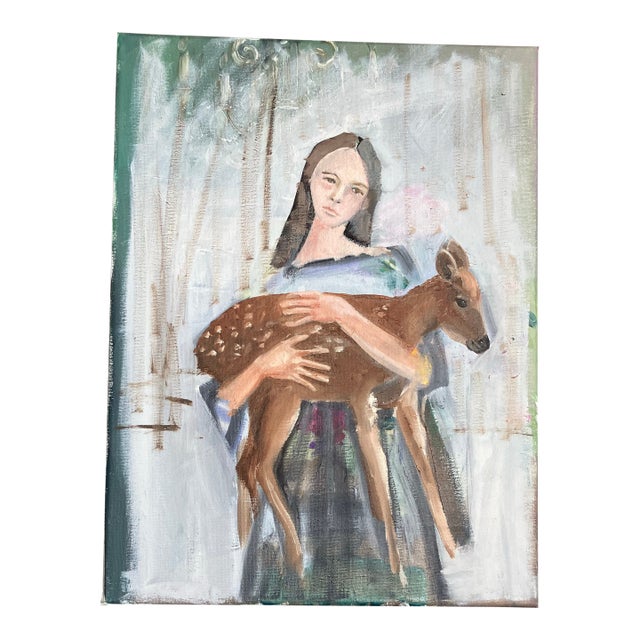 Contemporary Original Young Girl With Doe Portrait Painting For Sale