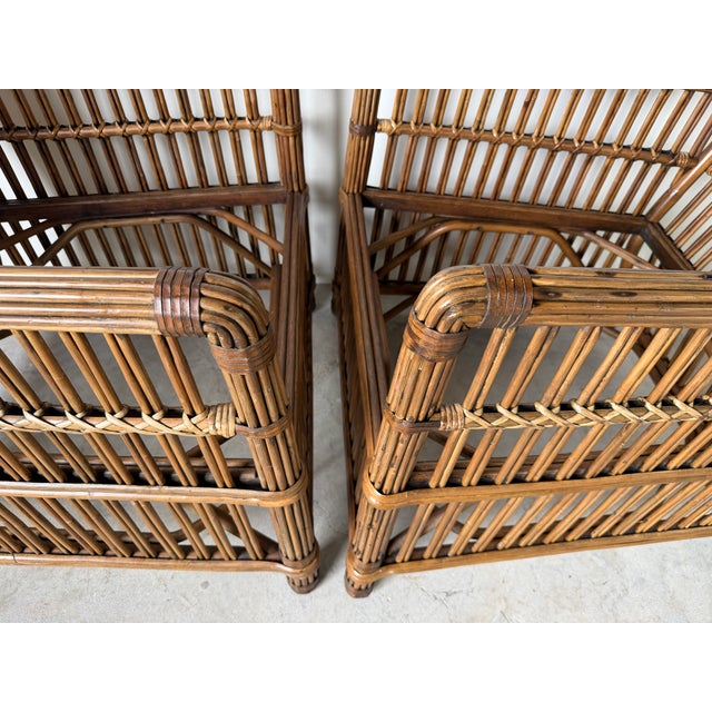 Wood Vintage Palecek President’s State Stick Rattan Lounge Chairs – Pair For Sale - Image 7 of 18