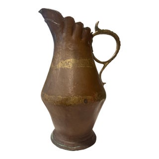 Antique Hand-Hammered Copper Pitcher, Turkish/Middle Eastern, Ruffled Rim & Cast Brass Handle For Sale
