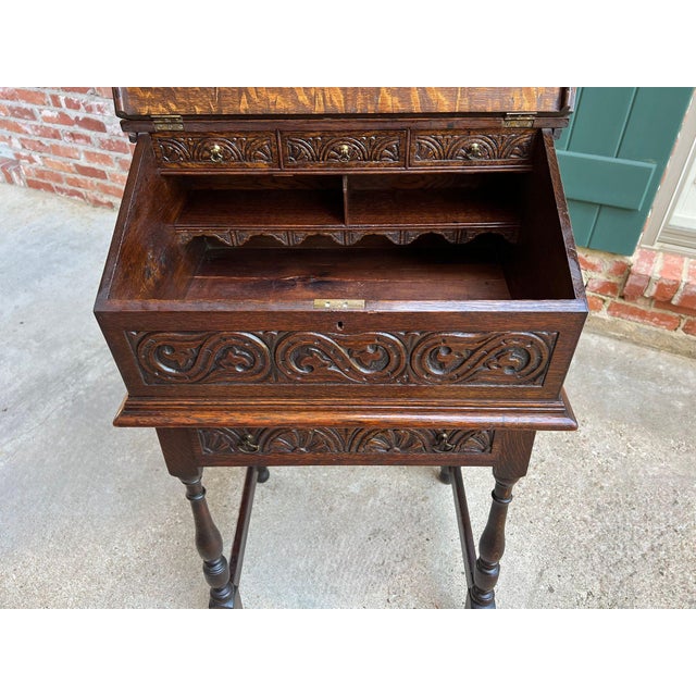 Antique English Slant Front Desk Display Stand Jacobean Carved Tiger Oak Lectern For Sale In Dallas - Image 6 of 18