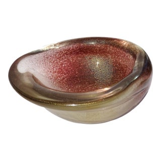 Vintage Seguso Murano Dark Amethyst Cinnamon Gold Flecks Italian Art Glass Conch Seashell Bowl For Sale