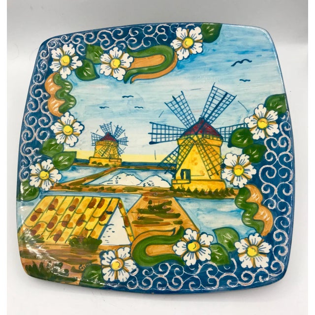 Trapani Windmills of Sicily Motif Hand Painted Terra Cotta Antipasta Wall Platter For Sale In New York - Image 6 of 6