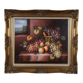Vintage M Aaron Grapes Fruit Farmhouse Still Life Oil Painting on Canvas 32" For Sale